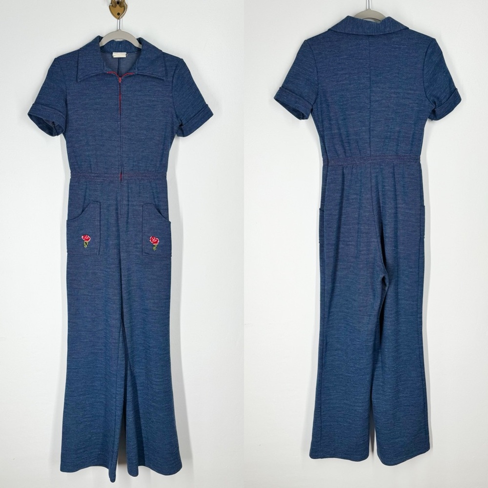 Vintage Act Young Jumpsuit One Piece Blue Zip Front Embroidered Florets Size XS